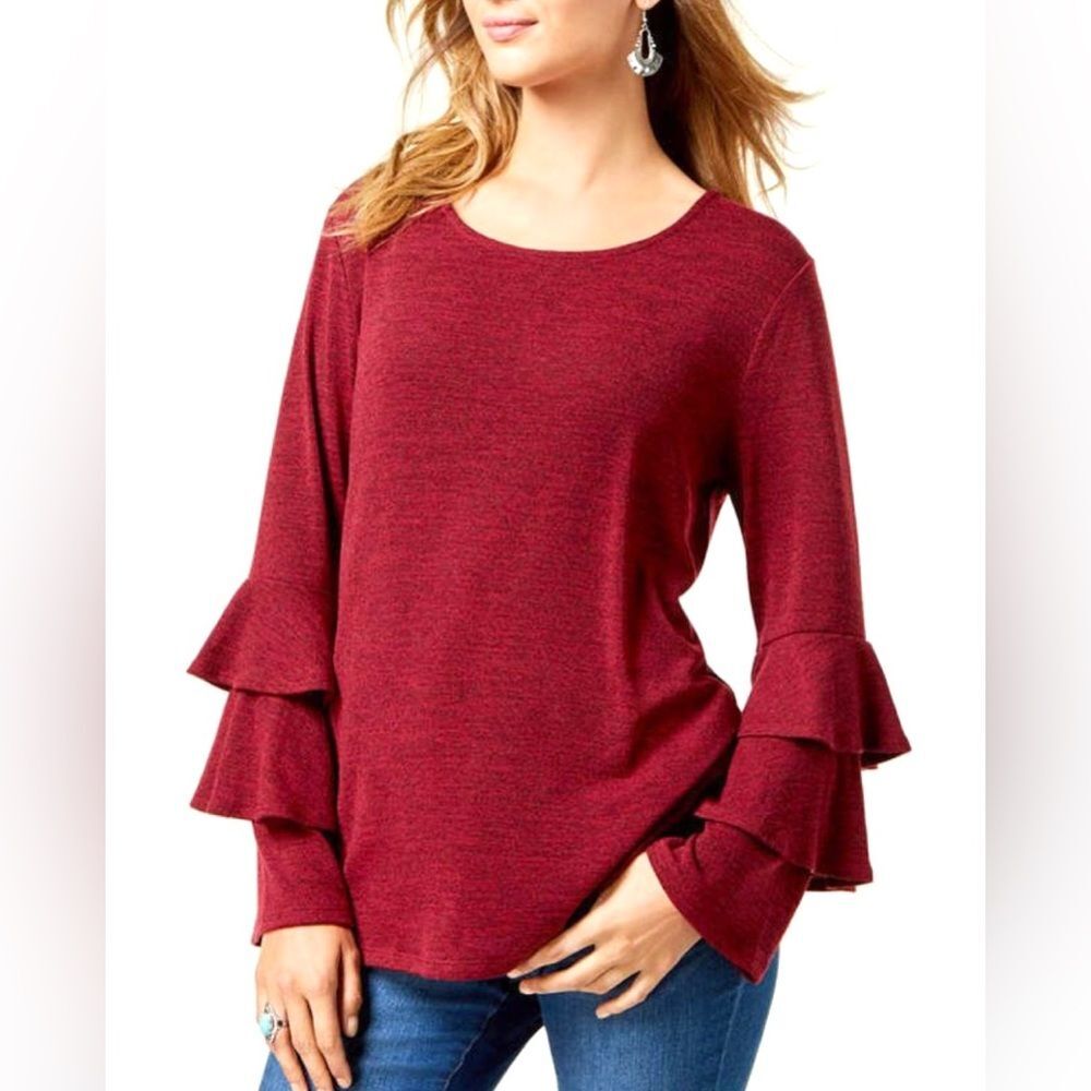 Style & Co long tiered sleeve red and black heathered knit top size small